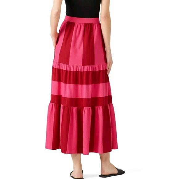 MDS Stripes Knit Tiered Button Front Maxi Skirt Size 2/M Pink Red Cotton Pockets - Picture 6 of 14
